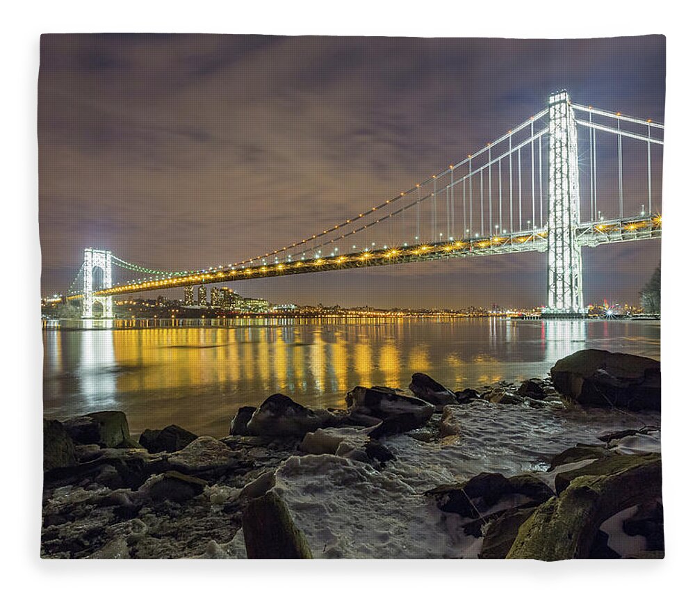 Suspension Bridge Fleece Blanket featuring the photograph Gw Bridge Lit Towers by Michael Orso