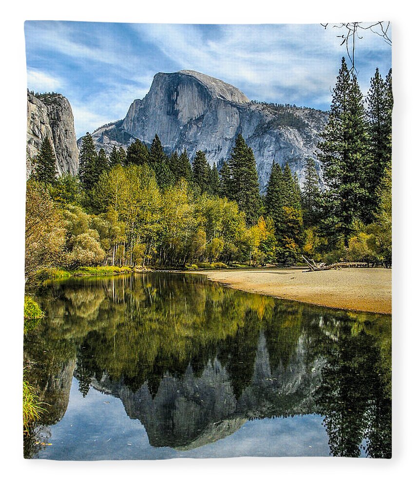 Half Dome Fleece Blanket featuring the photograph Half Dome Reflected in the Merced River by John Haldane