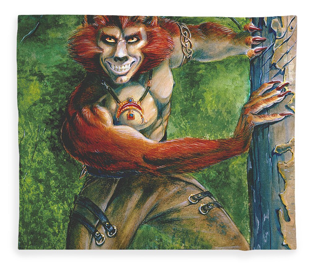 Red Headed Werewolf Fleece Blanket featuring the painting Half Wolf Werewolf by Melissa A Benson