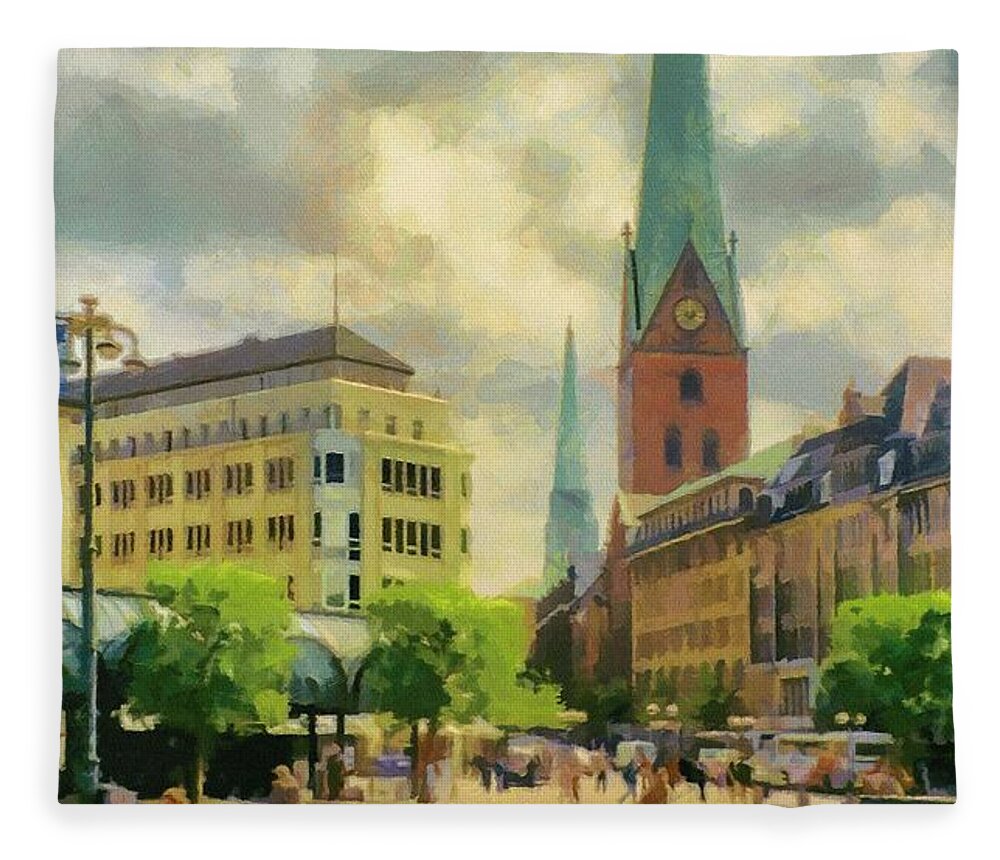 Europe Fleece Blanket featuring the painting Hamburg Street Scene by Jeffrey Kolker
