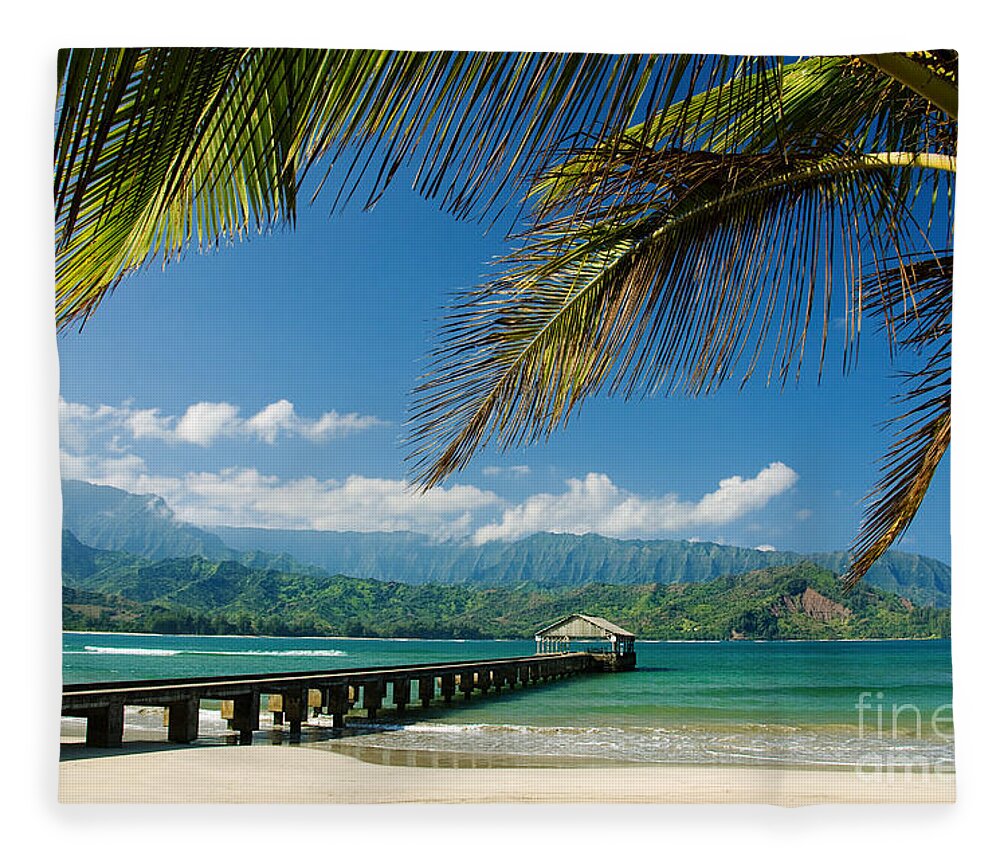 Bay Fleece Blanket featuring the photograph Hanalei Pier and beach by M Swiet Productions