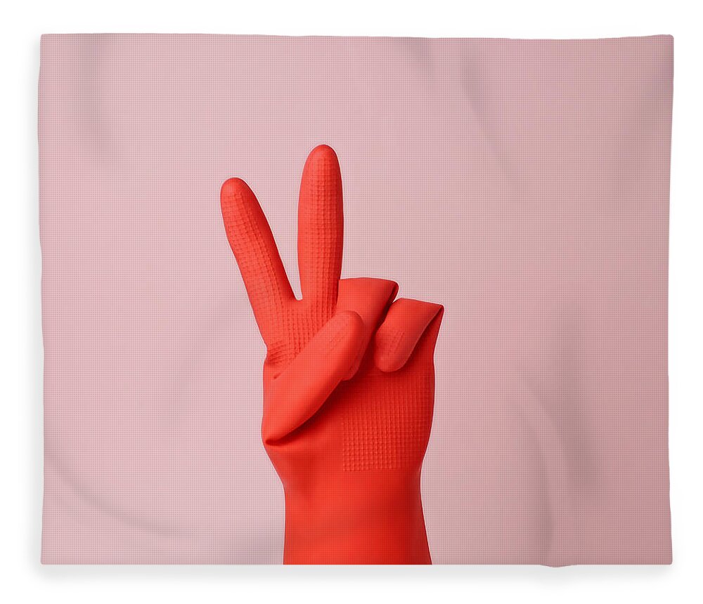 Washing Up Glove Fleece Blanket featuring the photograph Hand In Red Rubber Glove Making Peace by Juj Winn