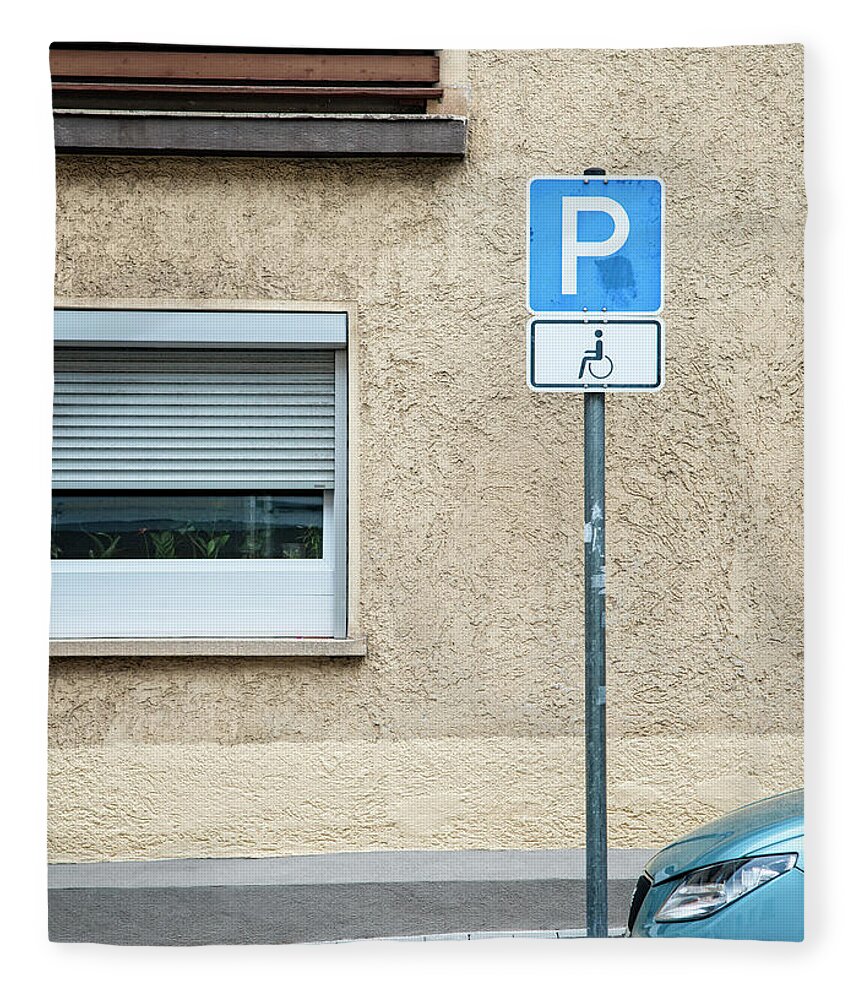 Disabled Access Fleece Blanket featuring the photograph Handicapped Parking Sign And Car by Thomas Winz
