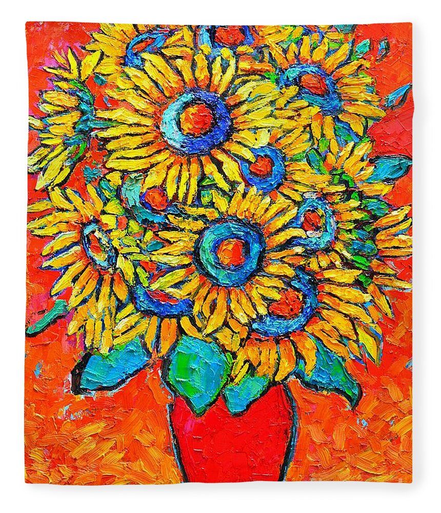 Sunflowers Fleece Blanket featuring the painting Happy Sunflowers by Ana Maria Edulescu