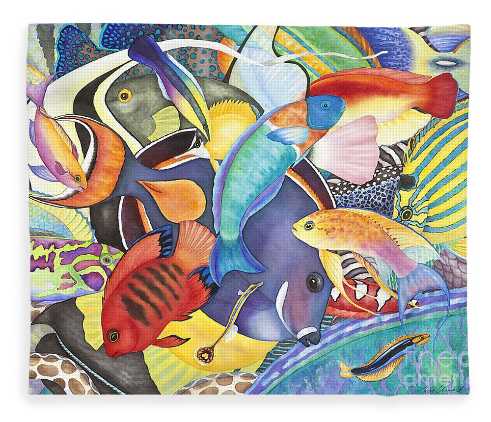Animals Fleece Blanket featuring the painting Hawaiian Fishes All the Way Down by Lucy Arnold