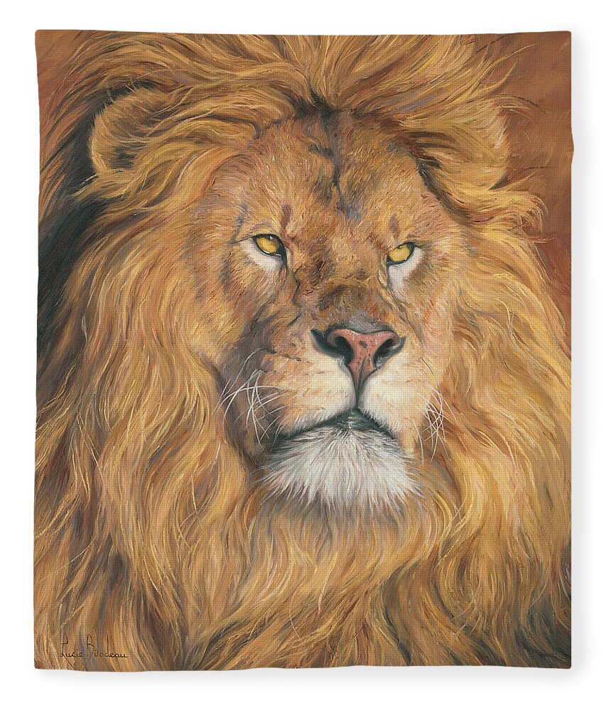 Lion Fleece Blanket featuring the painting His Majesty - Detail by Lucie Bilodeau