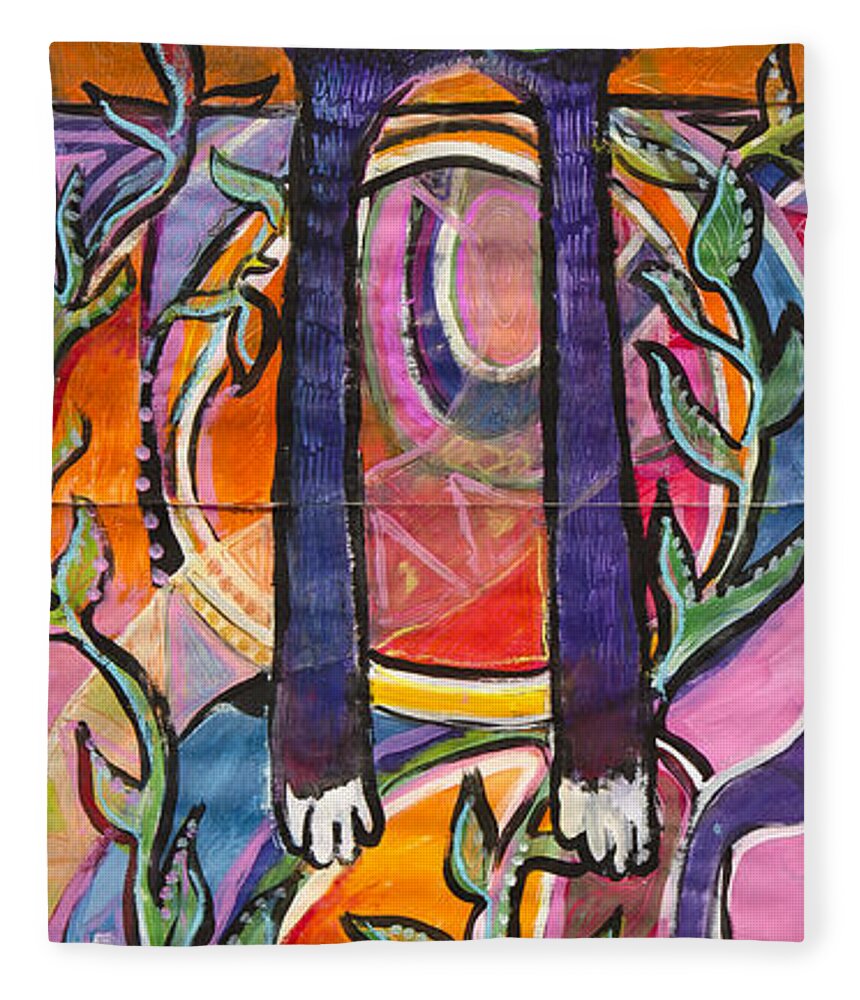Cat Fleece Blanket featuring the painting His Own World by Leela Payne