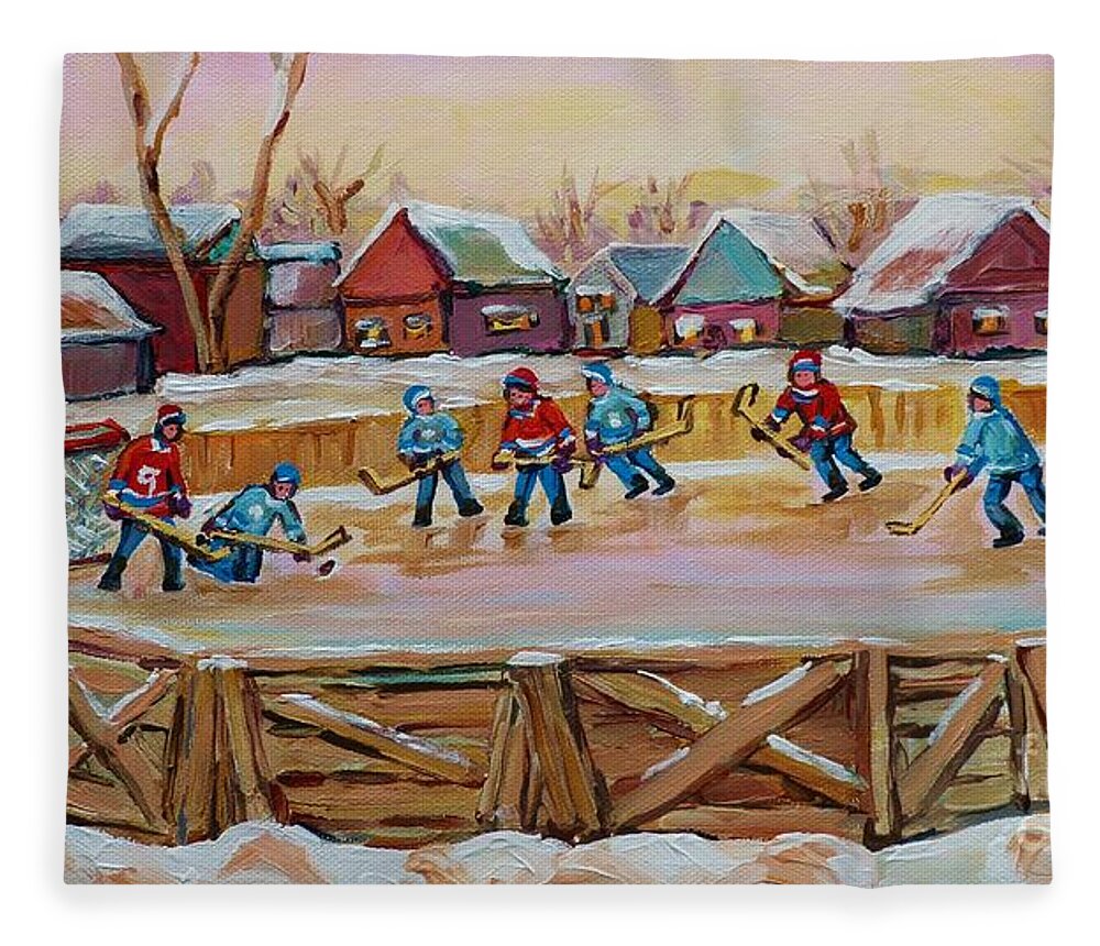 Country Hockey Rink Fleece Blanket featuring the painting Hockey Game-outdoor Hockey -beautiful Canadian Winter Landscape-hockey Heroes-carole Spandau by Carole Spandau