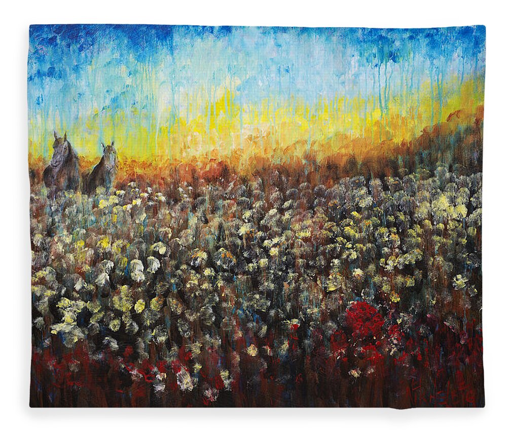 Horses Fleece Blanket featuring the painting Horses and Dandelions by Nik Helbig