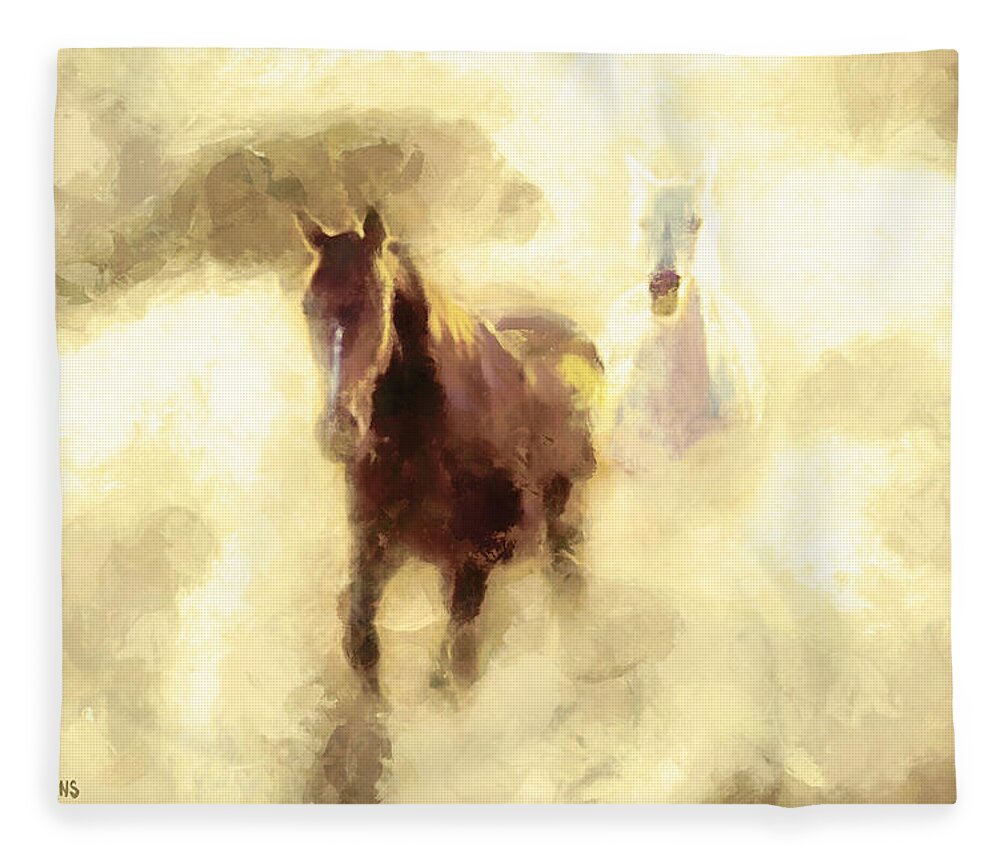 Horse Fleece Blanket featuring the painting Horses of the Mist by Greg Collins
