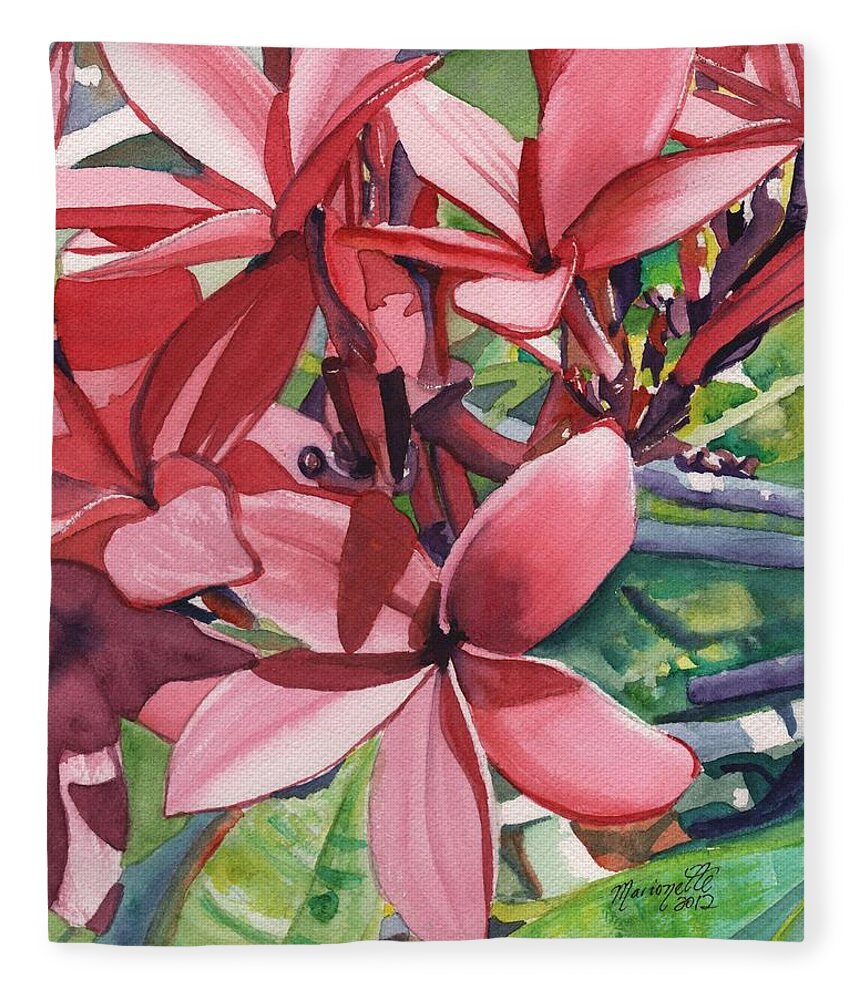 Pink Plumeria Fleece Blanket featuring the painting Hot Pink Plumeria by Marionette Taboniar