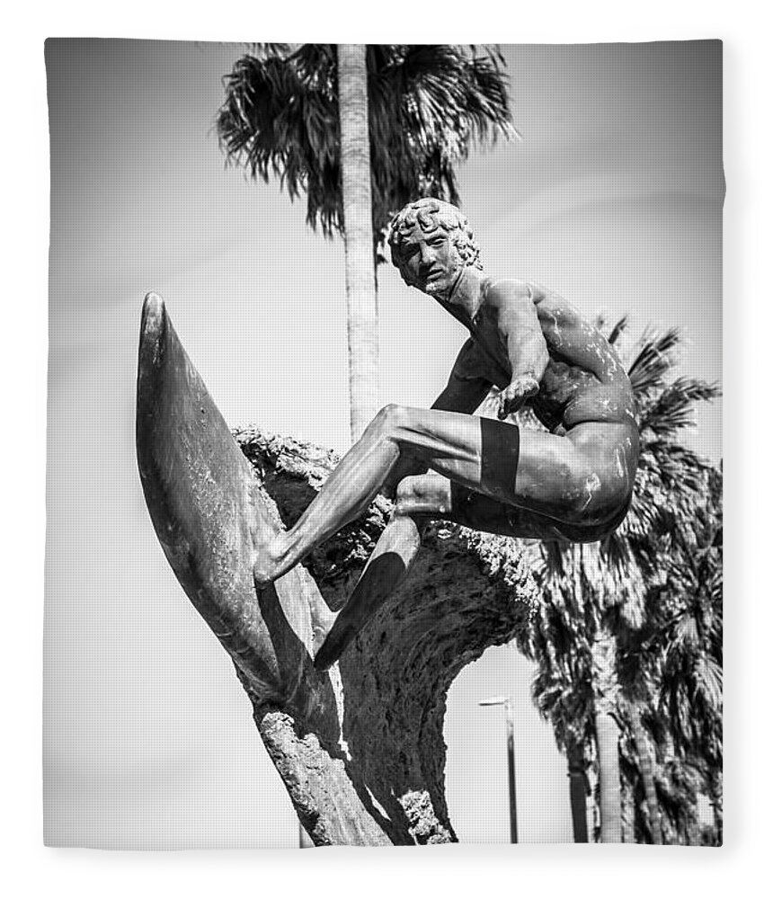 America Fleece Blanket featuring the photograph Huntington Beach Surfer Statue Black and White Picture by Paul Velgos