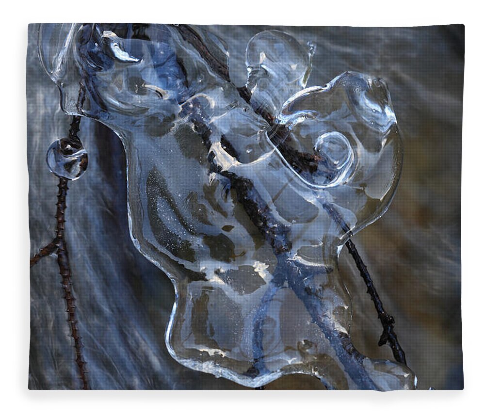 Blue Fleece Blanket featuring the photograph Ice clinging to a twig in a rushing brook by Ulrich Kunst And Bettina Scheidulin