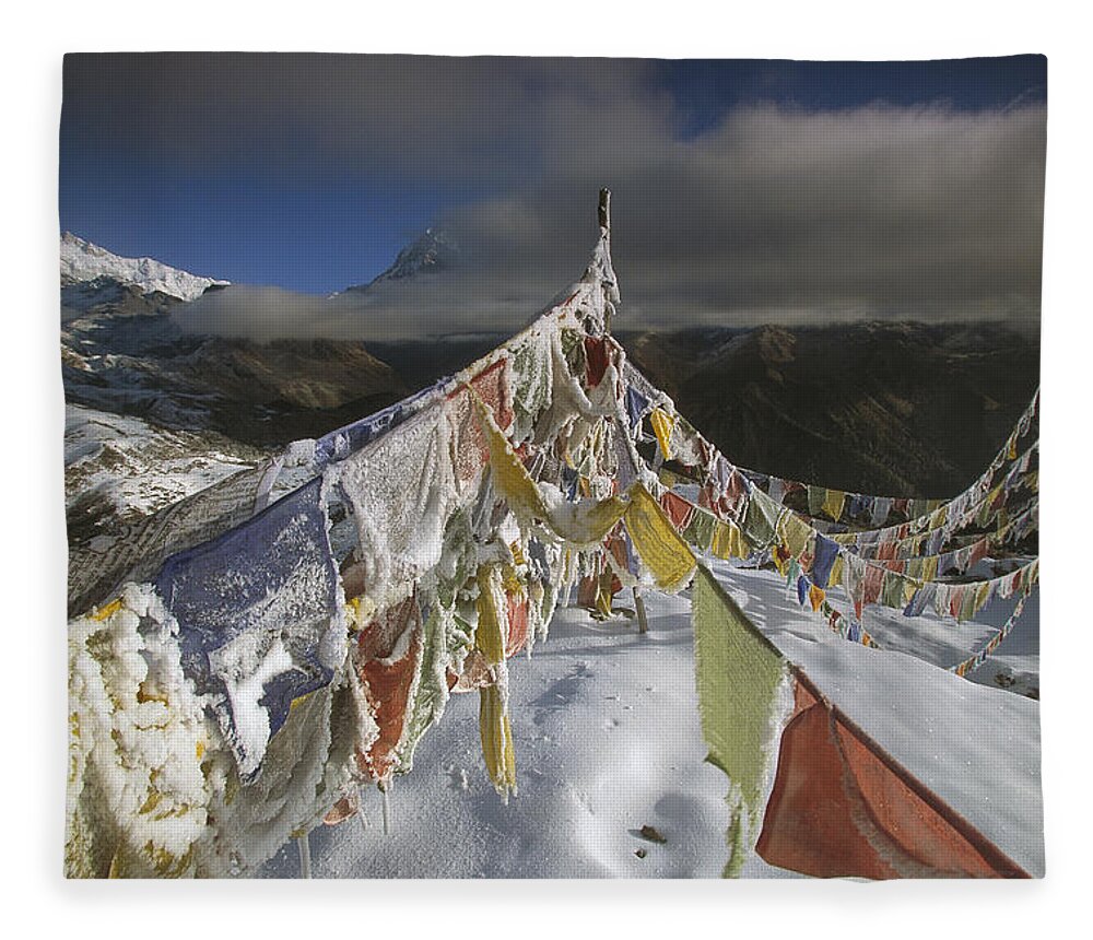 Feb0514 Fleece Blanket featuring the photograph Icy Prayer Flags Himalaya India by Colin Monteath