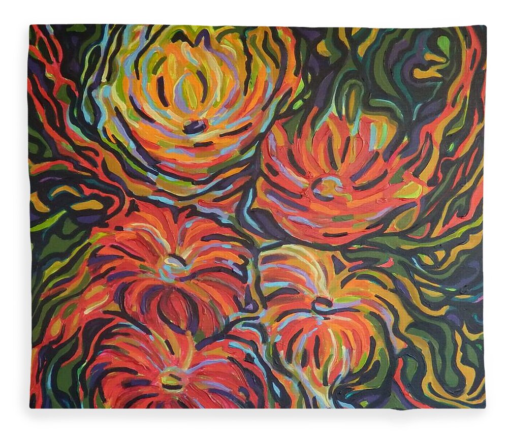 Zinnias Fleece Blanket featuring the painting In full bloom by Zofia Kijak