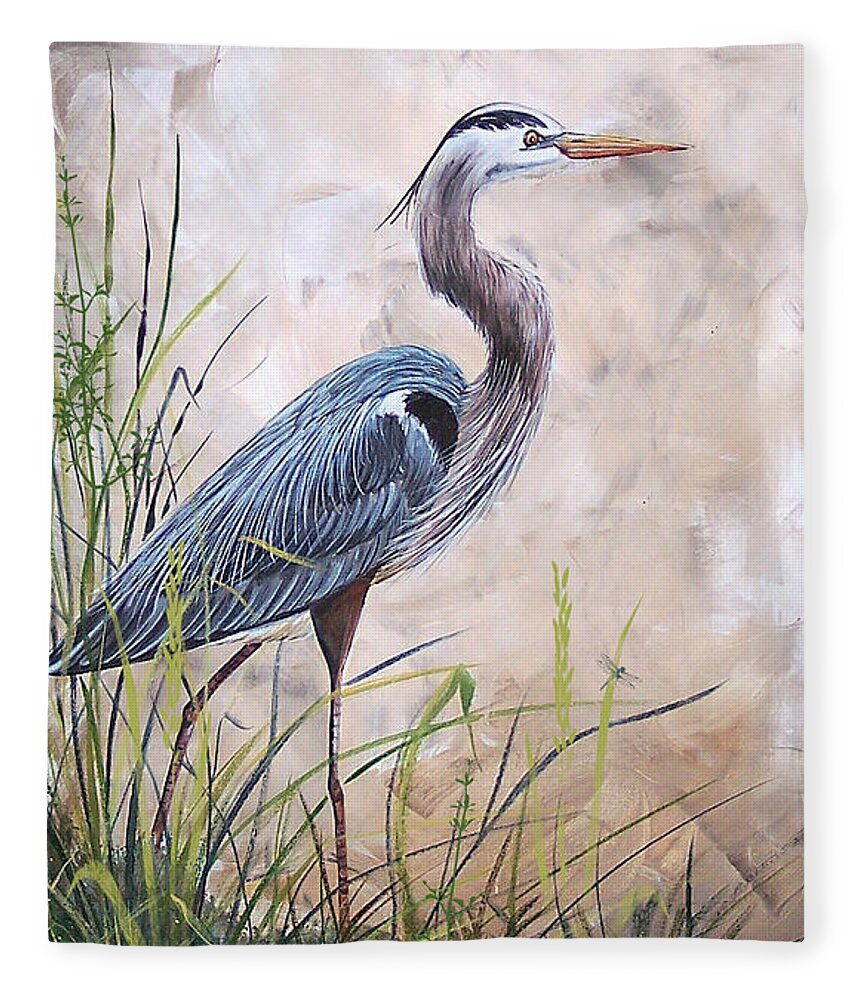 Heron Fleece Blanket featuring the painting In the Reeds-Blue Heron-A by Jean Plout