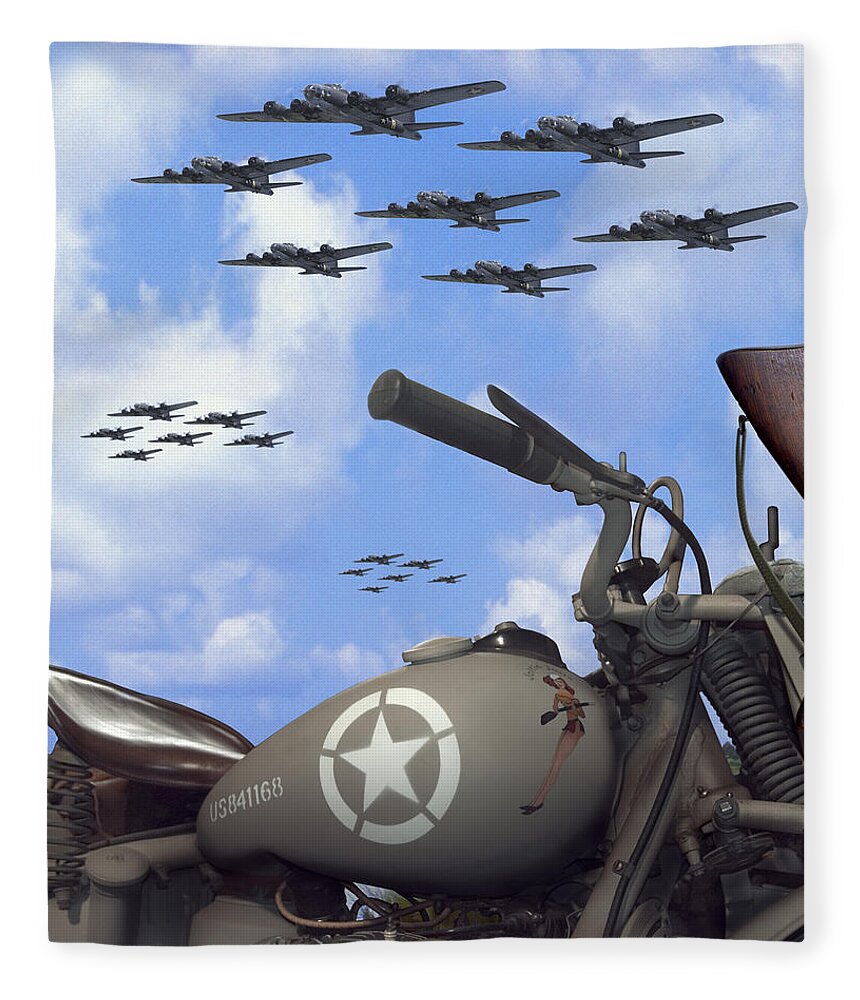 Ww2 Fleece Blanket featuring the photograph Indian 841 And The B-17 Bomber SQ by Mike McGlothlen