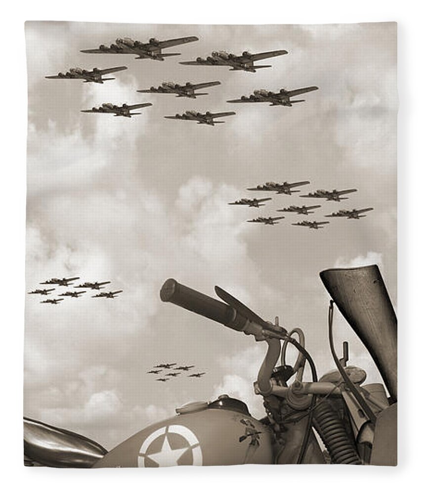 Ww2 Fleece Blanket featuring the photograph Indian 841 And The B-17 Panoramic Sepia by Mike McGlothlen