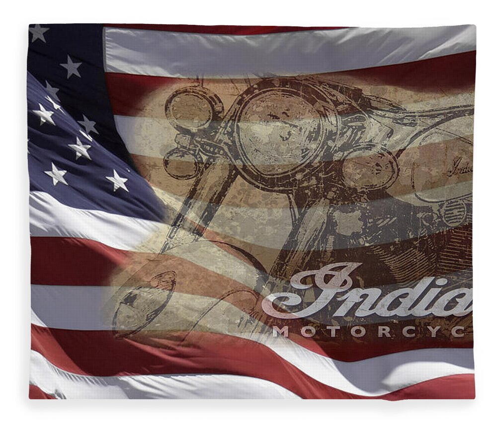 Indian Motorcycle Chief And U.s. Flag Fleece Blanket featuring the photograph Indian Motorcycle and U.S. Flag by Wes and Dotty Weber