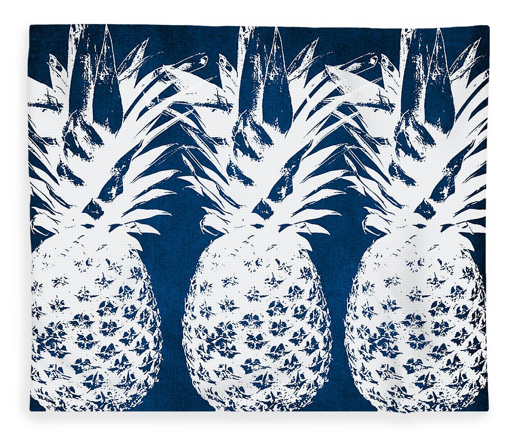 Indigo Fleece Blanket featuring the painting Indigo and White Pineapples by Linda Woods