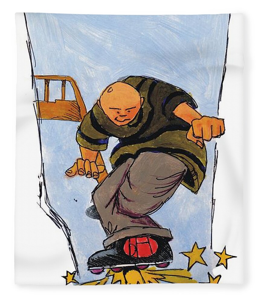 Mike Jory Rollerblades Fleece Blanket featuring the painting Inline Skates Rail Grind by Mike Jory