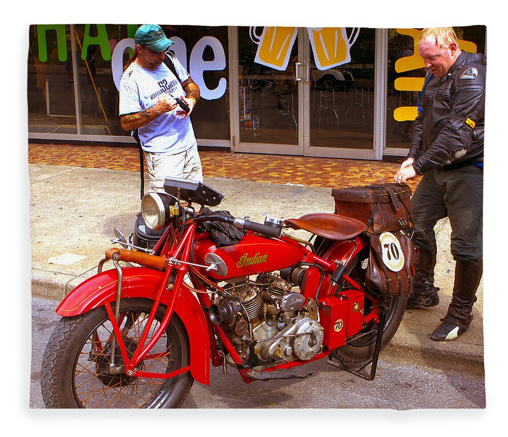 Cannonball Motorcle Fleece Blanket featuring the photograph Inspecting Indian #70 by Jeff Kurtz