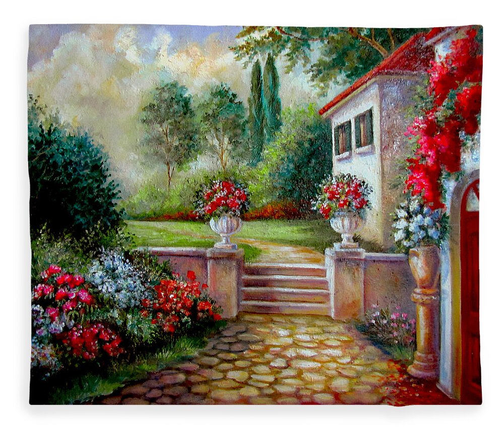 Fine Art Fleece Blanket featuring the painting Italyan Villa with garden by Regina Femrite
