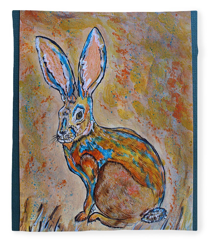 Rabbit Fleece Blanket featuring the painting JackRabbit by Ella Kaye Dickey