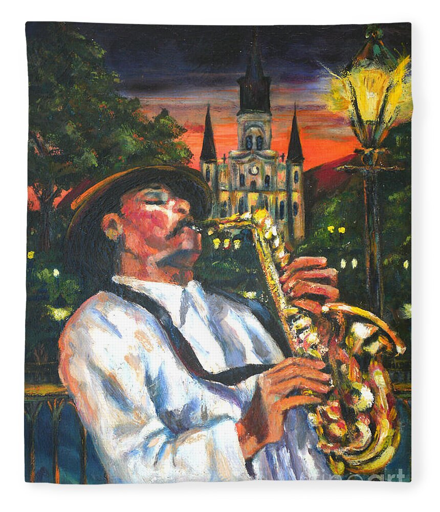 Jazz Fleece Blanket featuring the painting Jazz by Street Lamp by Beverly Boulet