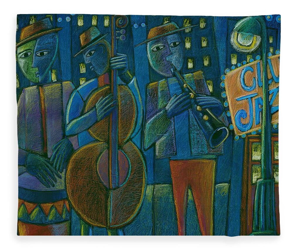 Blue Jazz Fleece Blanket featuring the mixed media Jazz Time at Club Jazz by Gerry High