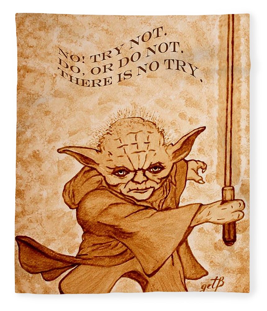Master Yoda Sayings Fleece Blanket featuring the painting Jedi Yoda Wisdom by Georgeta Blanaru