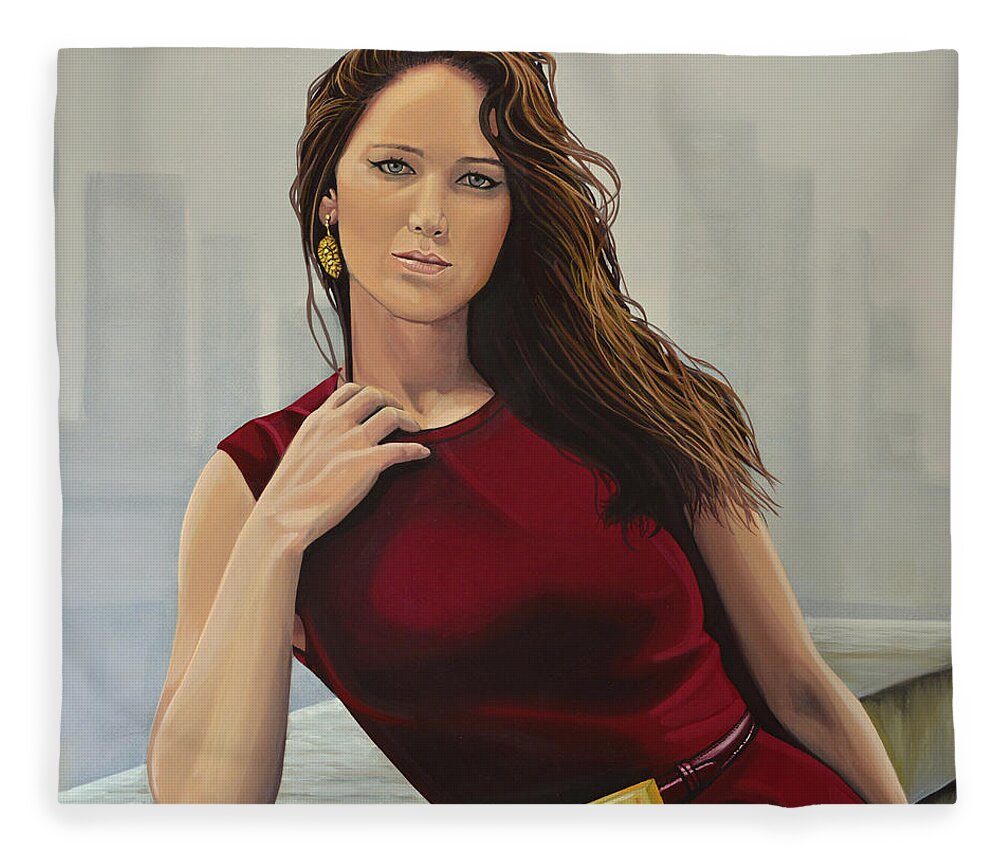 Jennifer Lawrence Fleece Blanket featuring the painting Jennifer Lawrence Painting by Paul Meijering