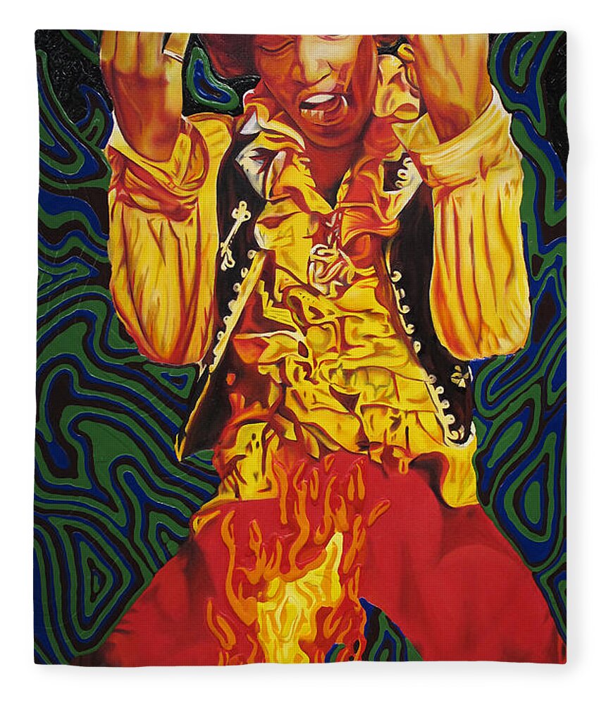 Jimi Hendrix Fleece Blanket featuring the painting Jimi Hendrix Fire by Joshua Morton