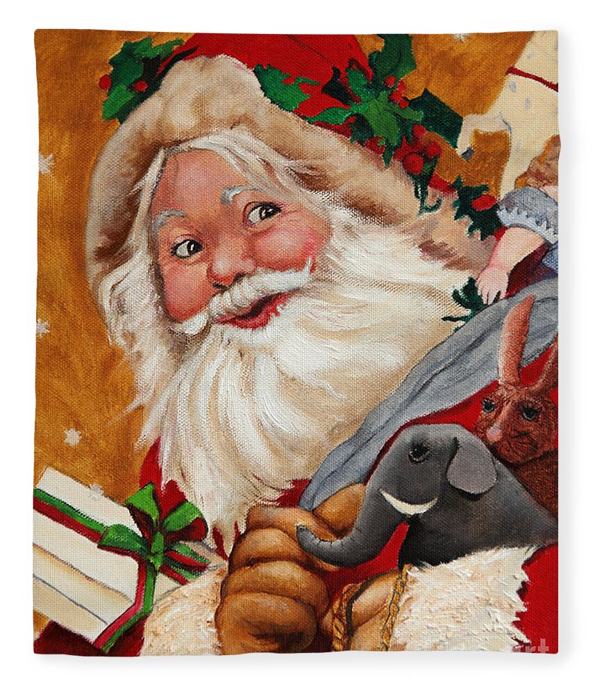 Seasonal Art Fleece Blanket featuring the painting Jolly Santa by Portraits By NC