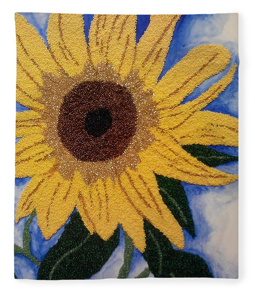 Czech Glass Beads Fleece Blanket featuring the painting Joshua's Sunflower by Pamela Henry