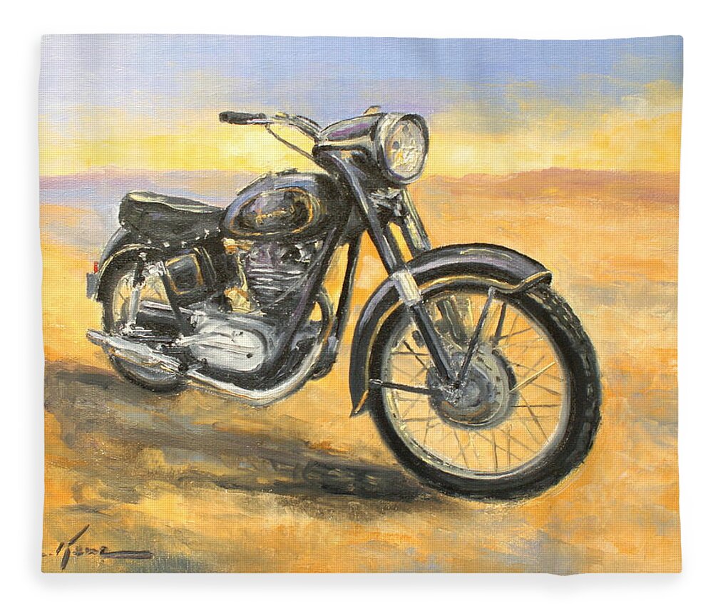 Junak Fleece Blanket featuring the painting Junak M 10 - Polish motorcycle by Luke Karcz