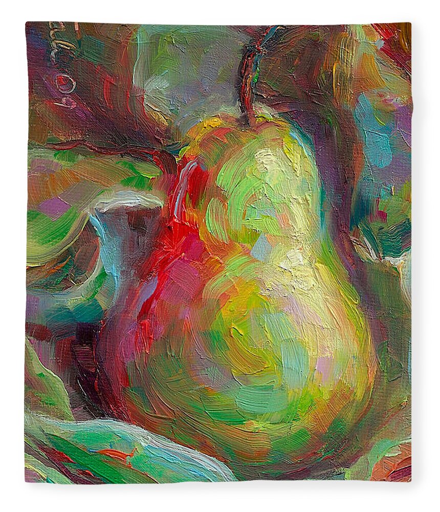 Green Fleece Blanket featuring the painting Just a Pear - impressionist still life by Talya Johnson