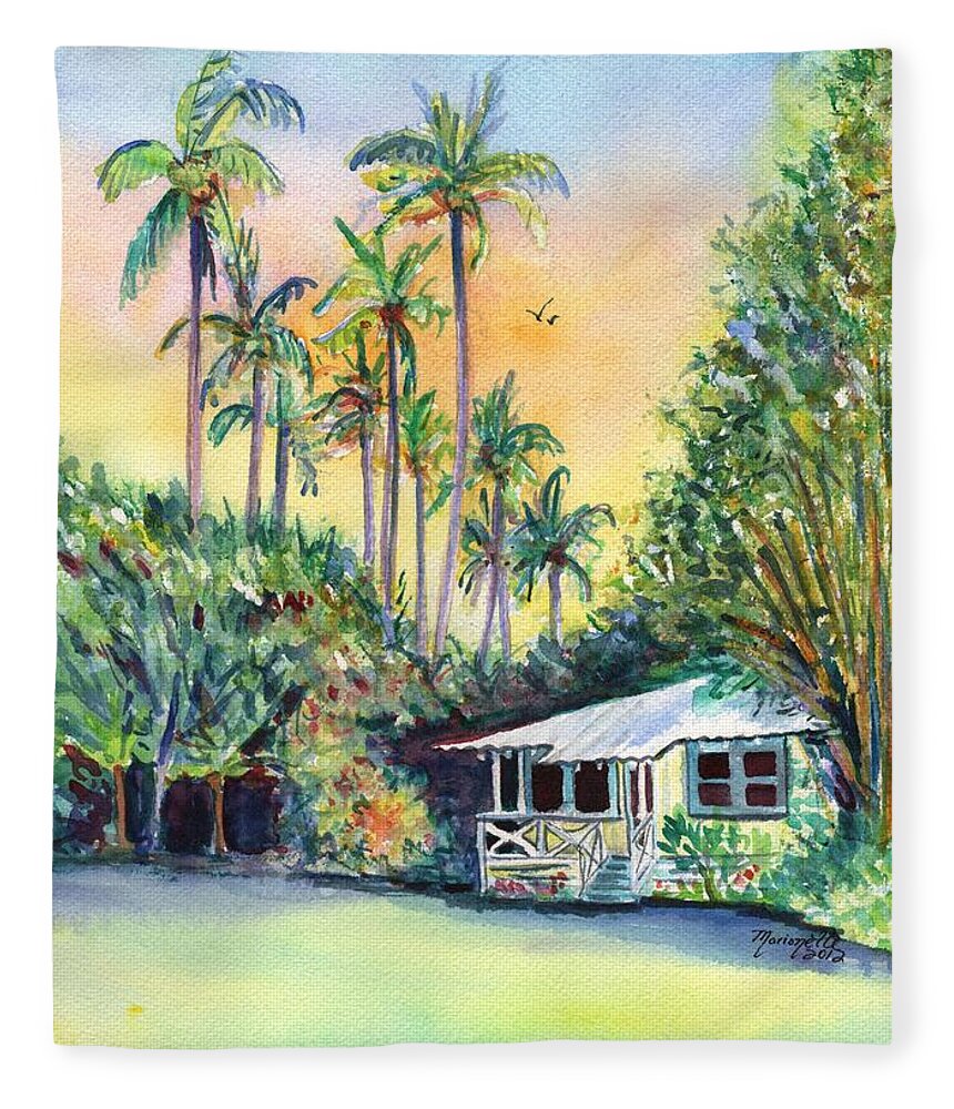 Kauai Plantation House Fleece Blanket featuring the painting Kauai West Side Cottage by Marionette Taboniar