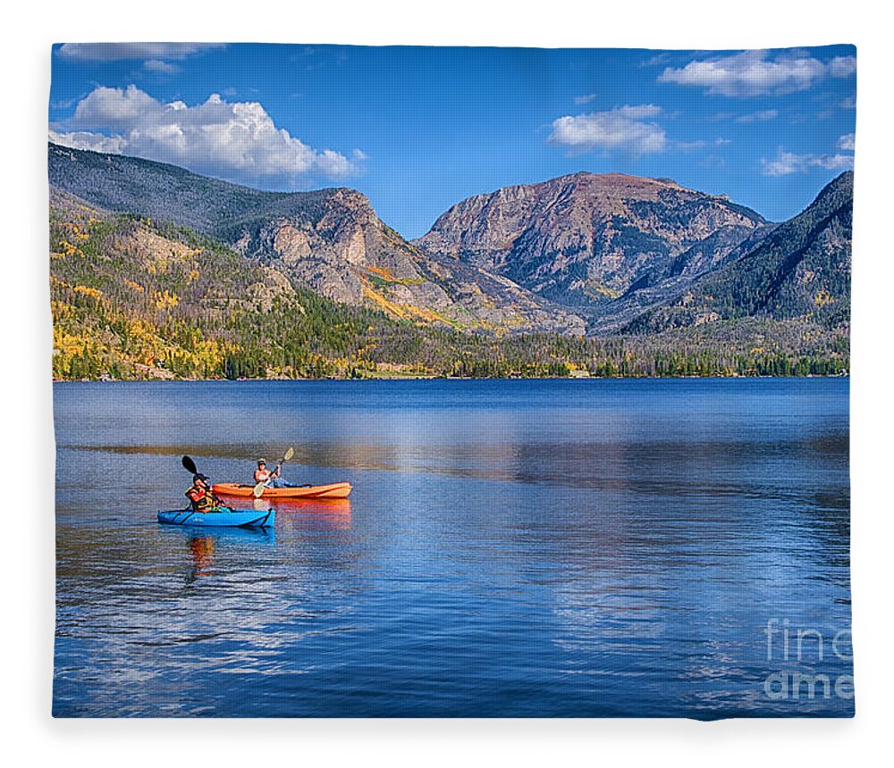Kayaking Grand Lake Fleece Blanket featuring the photograph Kayaking Grand Lake by Priscilla Burgers