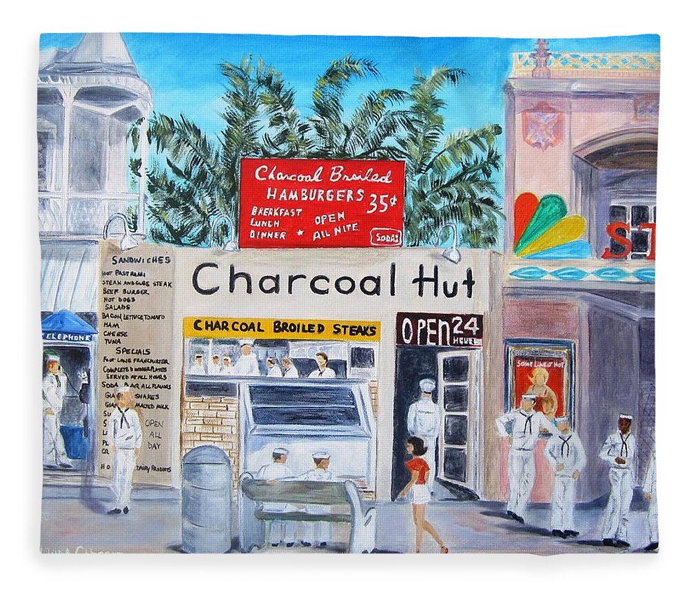 Key West Fleece Blanket featuring the painting Key West Charcoal Hut by Linda Cabrera