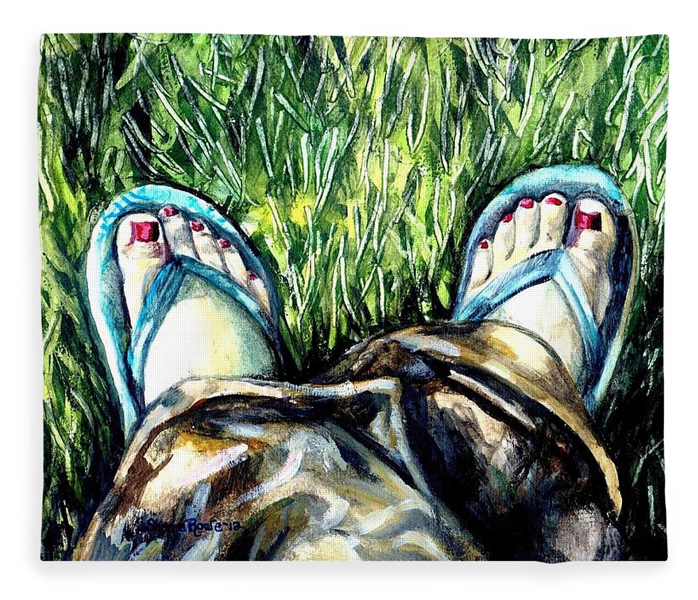 Flip Flops Fleece Blanket featuring the painting Khaki Pants and Flip Flops by Shana Rowe Jackson