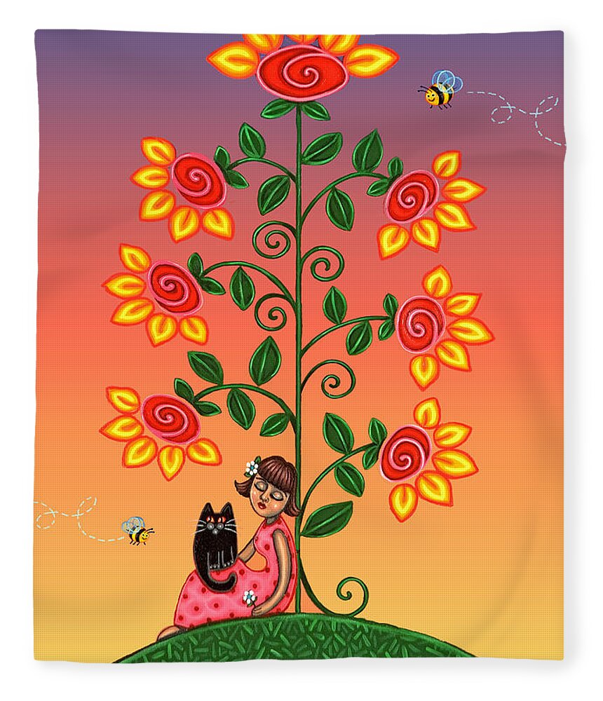 Folk Art Fleece Blanket featuring the painting Kitty and Bumblebees by Victoria De Almeida