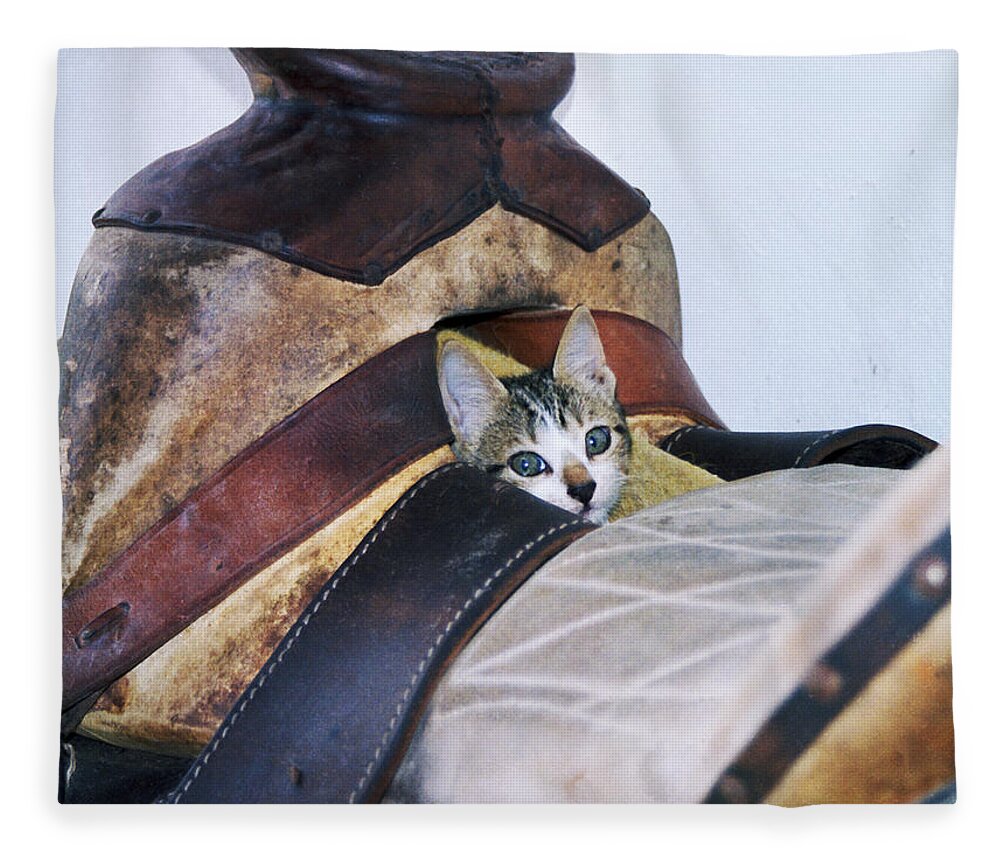 Cat Fleece Blanket featuring the photograph Kitty in the Saddle by Kae Cheatham