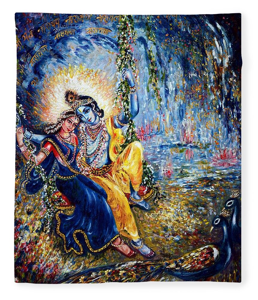 Krishna Fleece Blanket featuring the painting Krishna leela by Harsh Malik