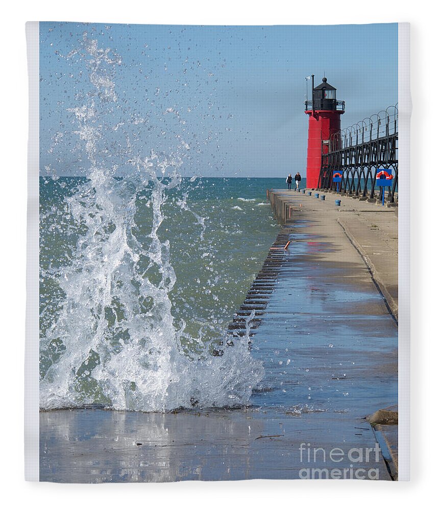 Lighthouse Fleece Blanket featuring the photograph Lake Michigan Splash by Ann Horn
