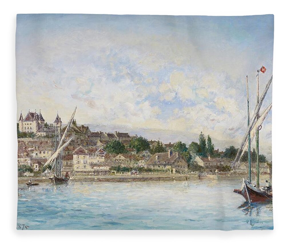 Boat Fleece Blanket featuring the painting Landscape from Lake Leman to Nyon by Johan Barthold Jongkind