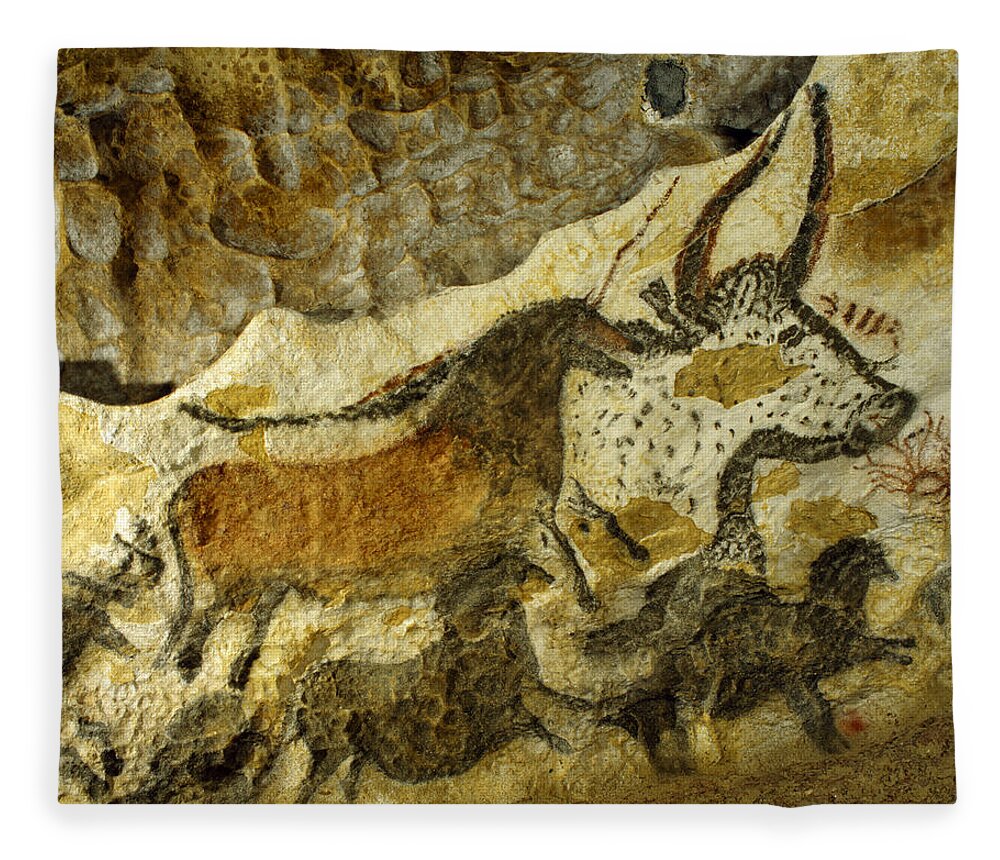 Lascaux Fleece Blanket featuring the painting Lascaux Cave Painting by Jean Paul Ferrero and Jean Michel Labat