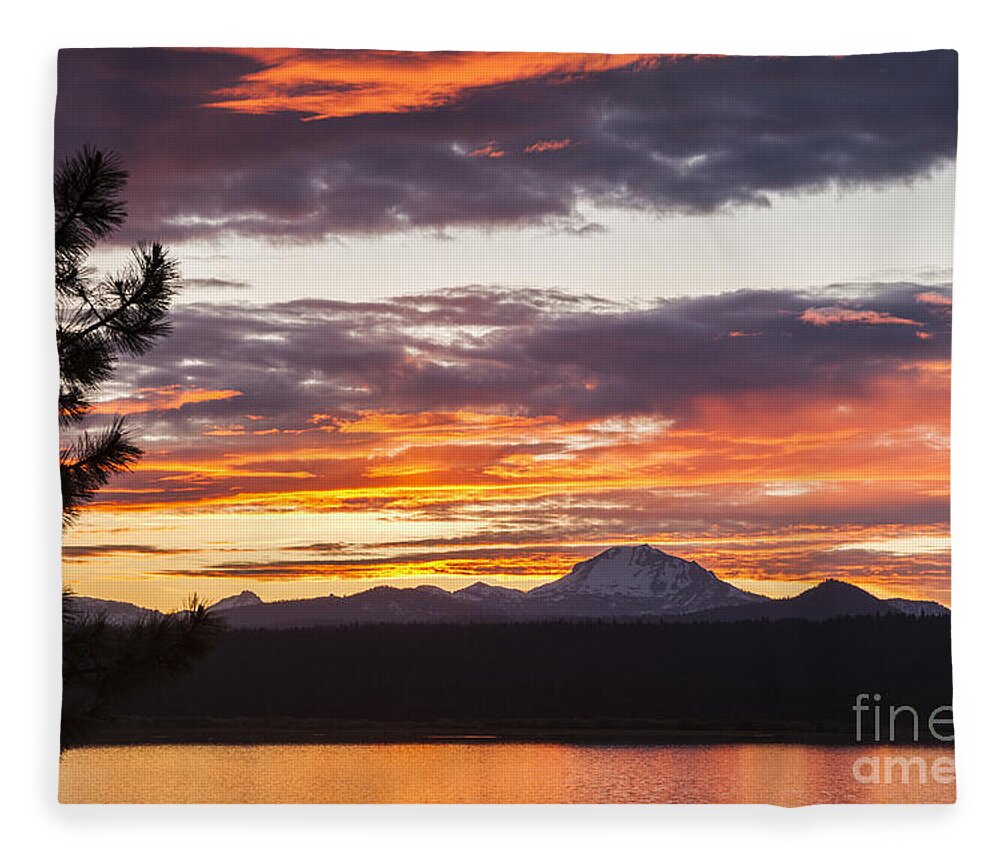 Lassen Peak Fleece Blanket featuring the photograph Lassen Peak lake sunset by Ken Brown
