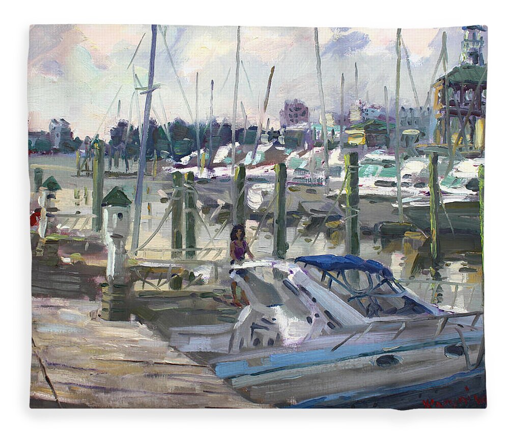 Virginia Harbor Fleece Blanket featuring the painting Late Afternoon in Virginia Harbor by Ylli Haruni
