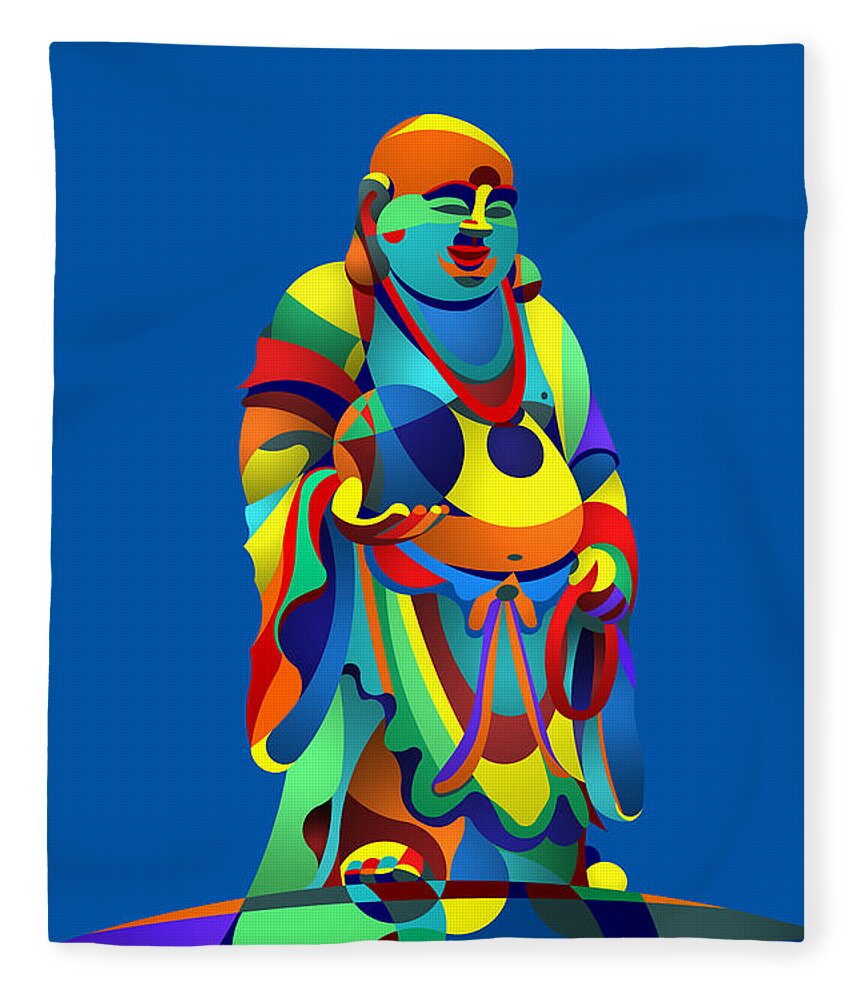 Laughing Buddha Fleece Blanket featuring the digital art Laughing Buddha Blue by Randall J Henrie